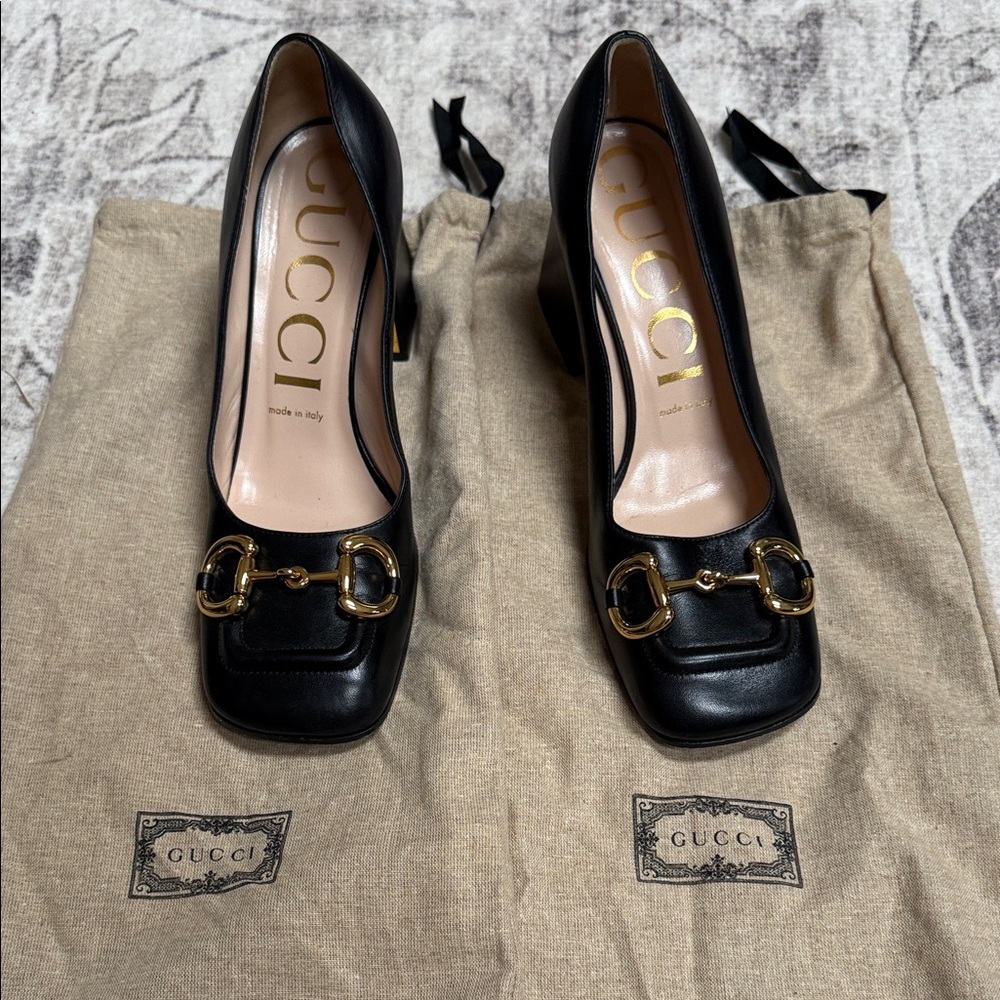 Gucci Black Leather Heels with Gold Accents